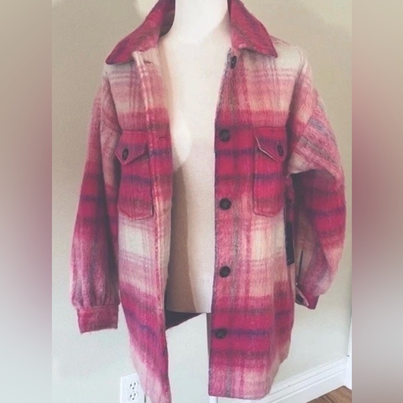 Forever 21 Plaid Flannel Pink Oversized Jacket Wool Blend Women’s MEDIUM New - Picture 7 of 10